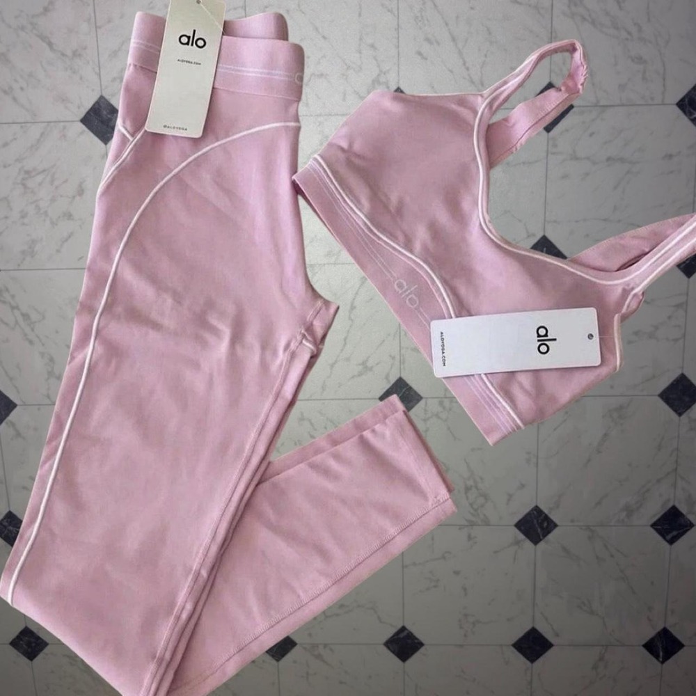Alo Airbrush Set Sports Bra Legging Pink White Trim SIZE L